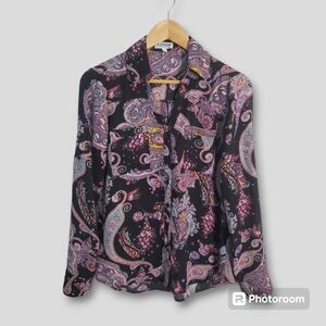 Express Black Paisley Button-Up Blouse with Pink & Teal Accents
